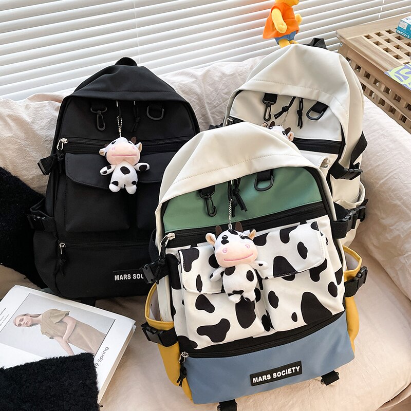 Back to College Cute Panelled Cow Print Backpack Women Fashion Large Capacity Laptop Backpacks for Teenager Girls Waterproof Travel School Bag