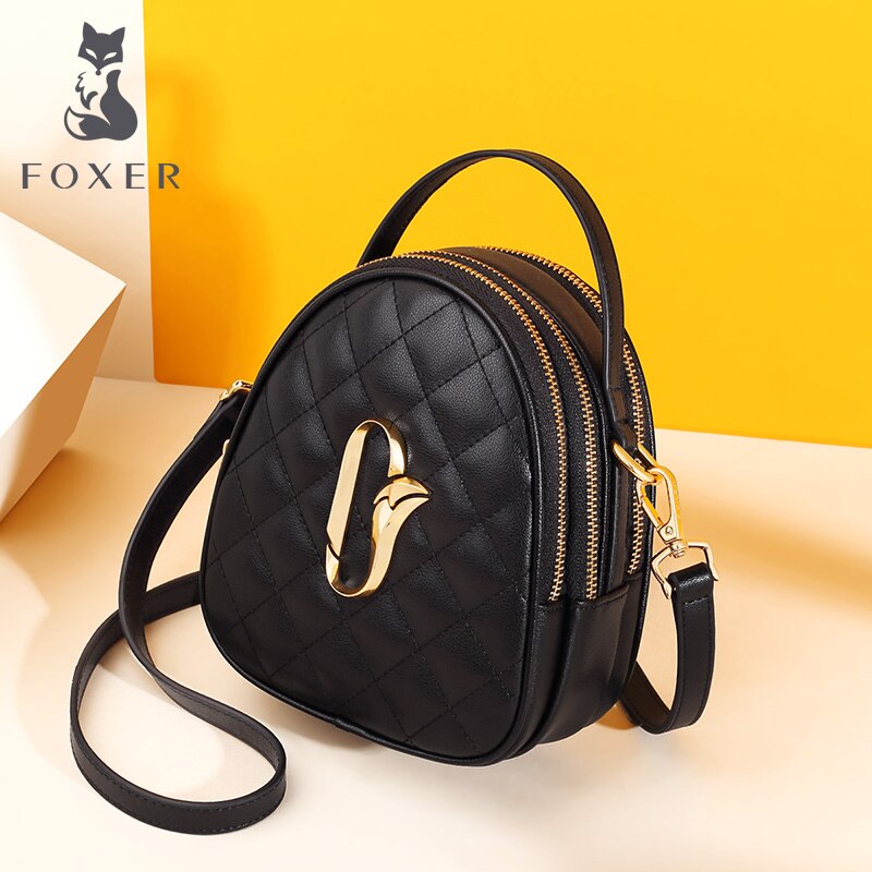FOXER Women Mini Cross body Bag Fashion Round Tote for Girl Cow Leather Small Messenger Bag Multifunction Lady Stylish Purse