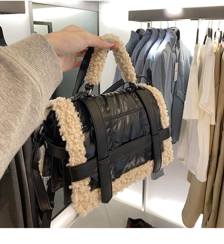 Fashion Fur bag women jumbo capacity totes handbag black pu leather Shoulder Messenger sheep fur bag 2020 winter new deisgner
