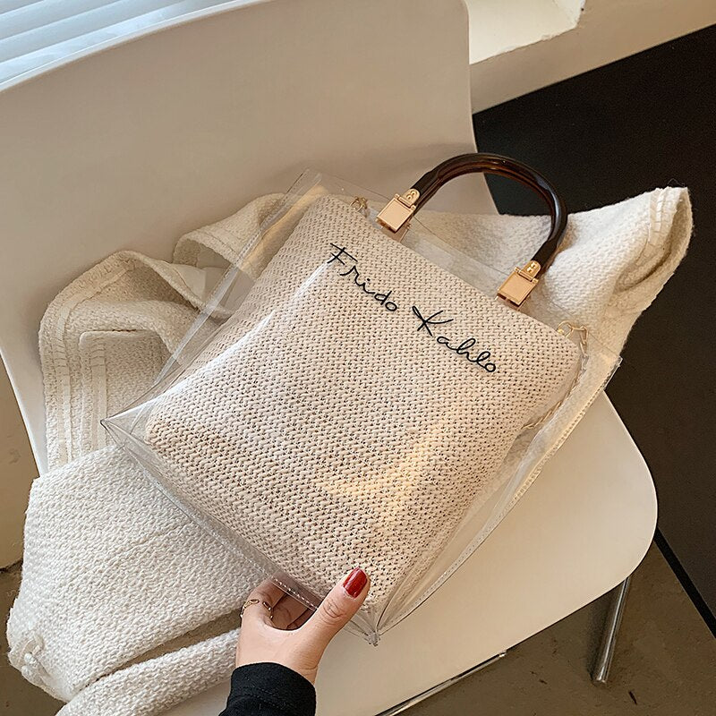 Christmas Gift DORANMI Straw Weaved Handbag Women's Shoulder Bag 2021 Luxury Brand Designed Chic Beach Bag Female Composite Transparent Bag 429