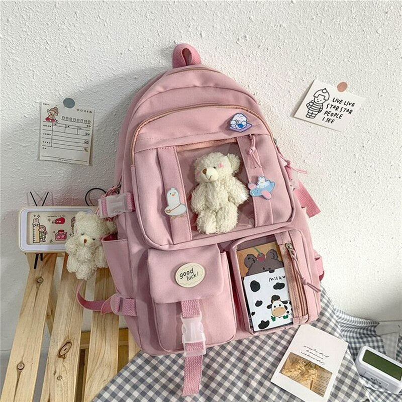 Unisex School Backpack Girls Korean Style Black Pink Cute Backpack
