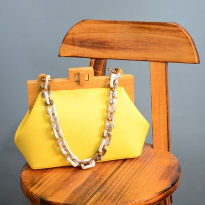 Women's Box Bag Bucket Bag Wooden Clip Evening Bag Ins Acrylic Chain Luxury Handbag Women Banquet Party Purse Shoulder Bag Sac
