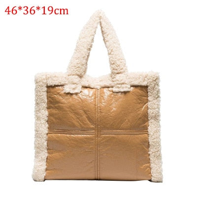Christmas Gift Fashion Lambswool Pu Patchwork Large Tote Designer Women Handbags Luxury Leather Shoulder Bag Big Capacity Buckets Purse Winter