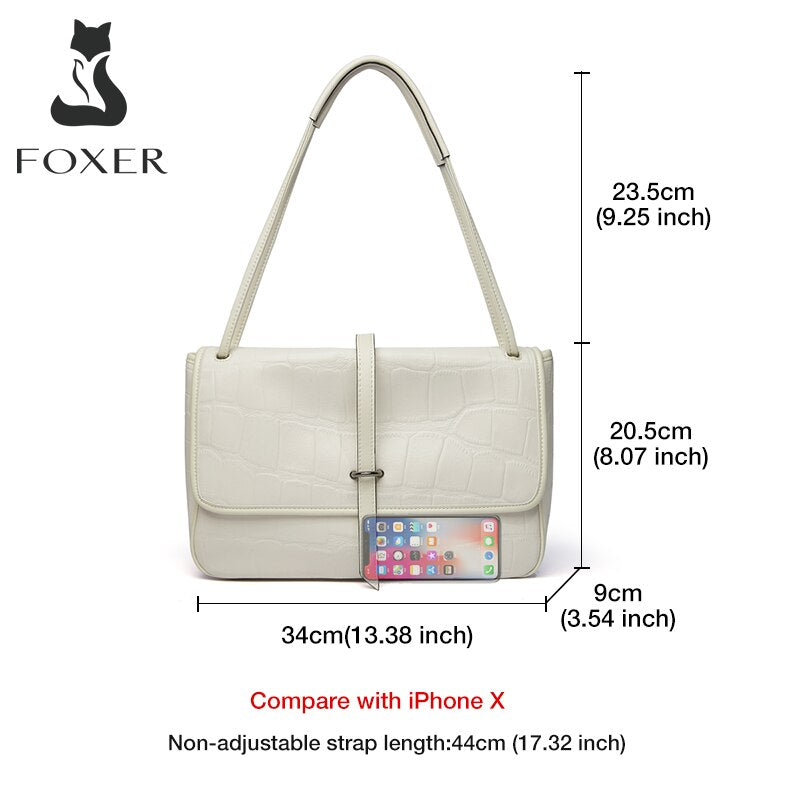 FOXER Autumn And Winter New Split Leather Shoulder Bag Soft Crocodile Pattern Underarm Bag Office Ladies Simple Commuter Handbag