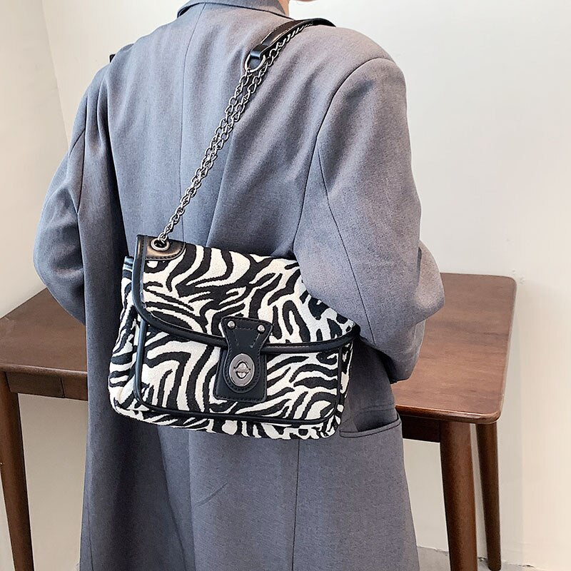 Zebra Pattern Small PU Leather Crossbody Bags for Women 2021 Winter Chain Baguette Shoulder Handbags Female Travel Purses