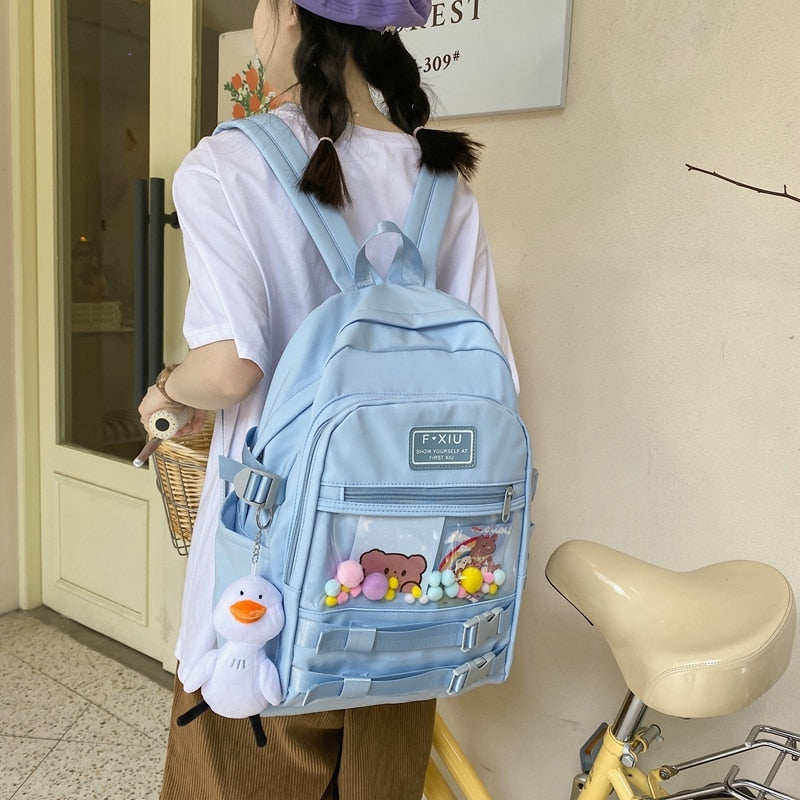 Back to College Korean Pretty Women Large Capacity Backpack Lovely Skyblue Teenager Girls Waterproof School Bags Clear Pockets Travel Backpacks