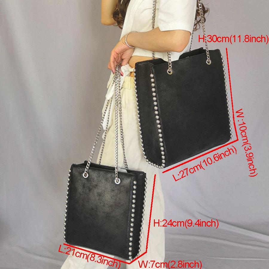 Retro Chains Rivet Large Capacity Tote Bag Women Shoulder Bags Lady Commuting PU Leather Purses Bags Solid Color Bag Bead Bolsa