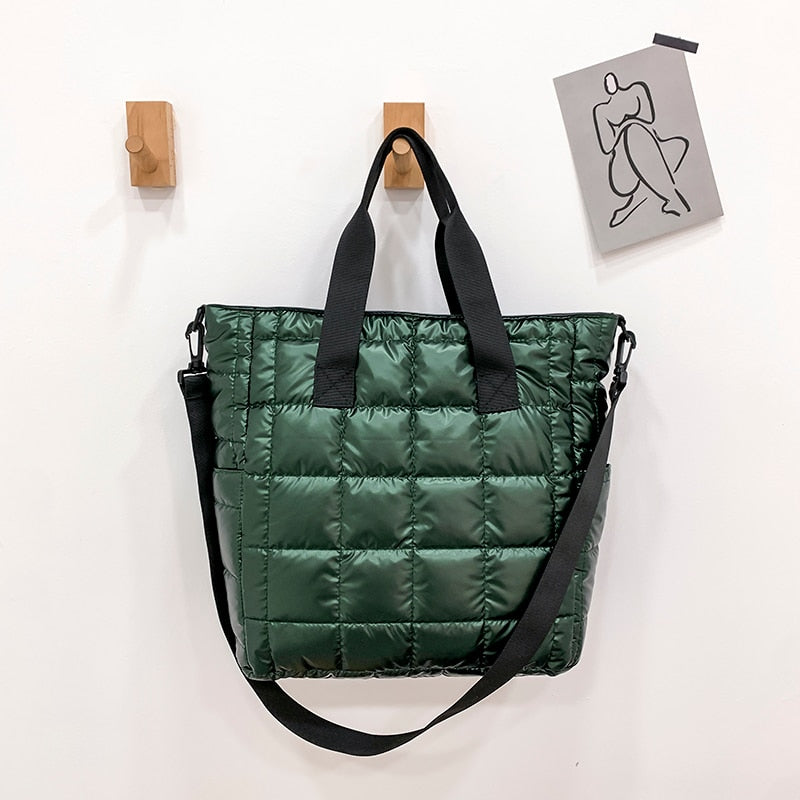Casual Nylon Green Shoulder Bag Designer Cotton Women Handbag Quilted Bucket Totes Warm 2021 Winter Large Capacity Blue