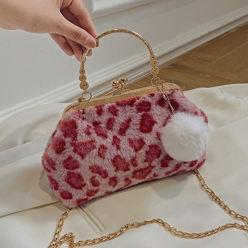 LEFTSIDE Leopard Shell Crossbody Bags Soft FAUX Fur Bucket Bags High Quality Loadies Bag Elegant 2021 Winter Cute Tote Bag
