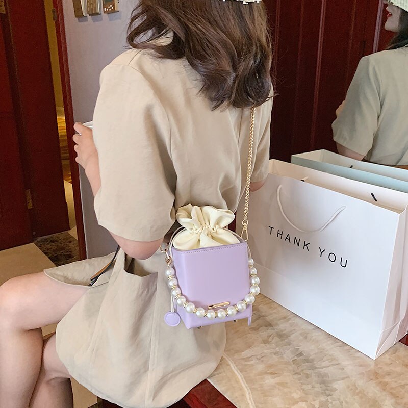 Fashion Purple Pearl Chain Shoulder Bag Bucket Bag luxury handbags women bags designer sac a main crossbody bags for women