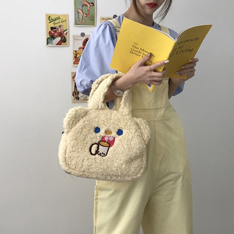 Vvsha Women Small Tote Plush Bear Design Canvas Cloth Hand Bags Quality Embroidery Soft Handbag Cute Makeup Bag Zipper Purse For Girls