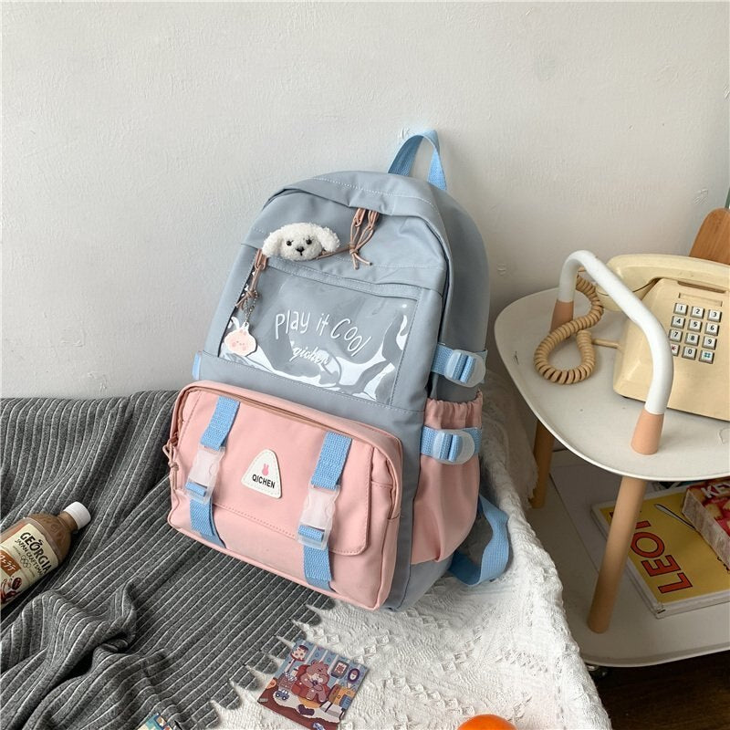 Back to College Waterproof Badge Ita Women Backpack Transparent Contrast Color College Gilrs Schoolbags Female Flap Multi-pocket Laptop Backpack