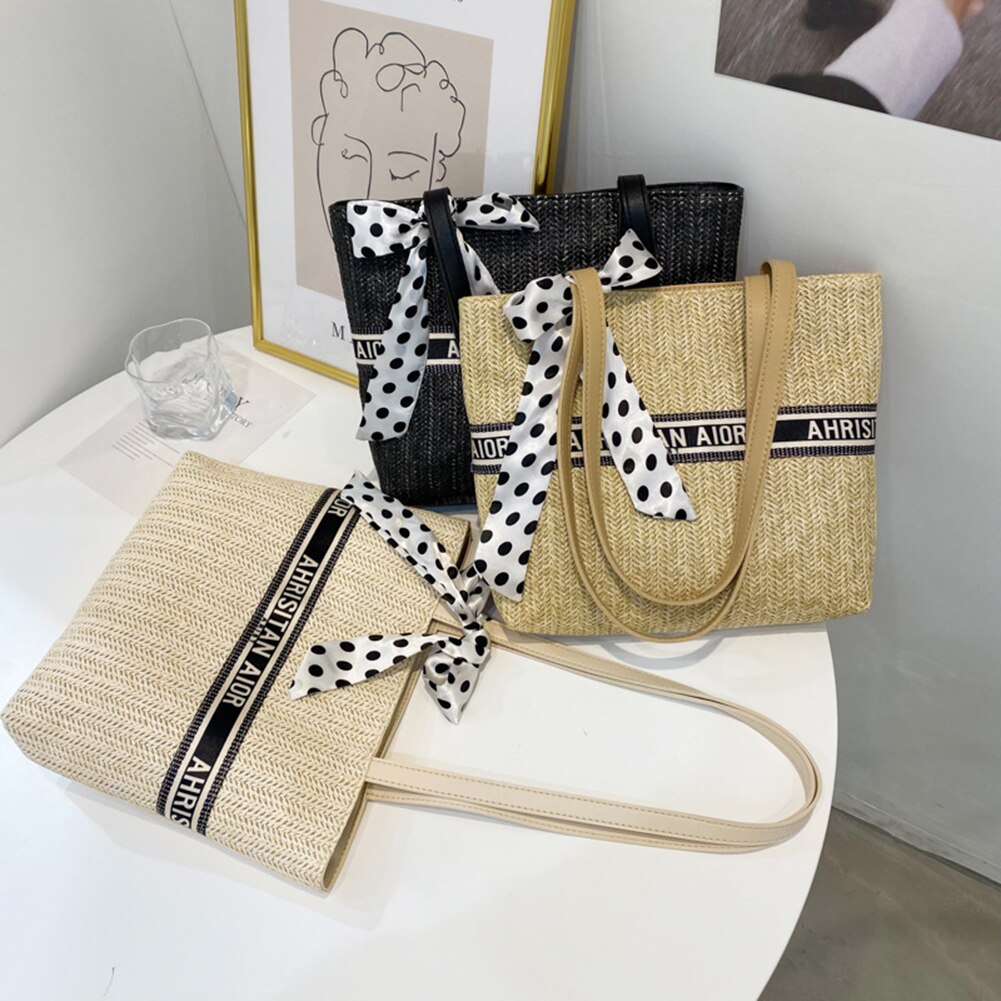 Fashion Woven Shopping Bag Women Summer Letters Printing Silk Scarf Shoulder Bags Ladies Beach Vacation Large Capacity Handbags