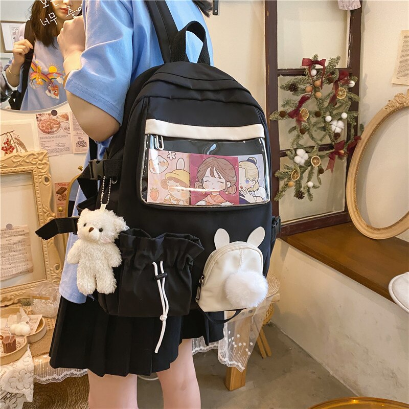 Sweet Fur-Ball Backpack Women Waterproof Backpacks for Teenage Girls Schoolbag Transparent Drawstring Pocket Student Travel Bags