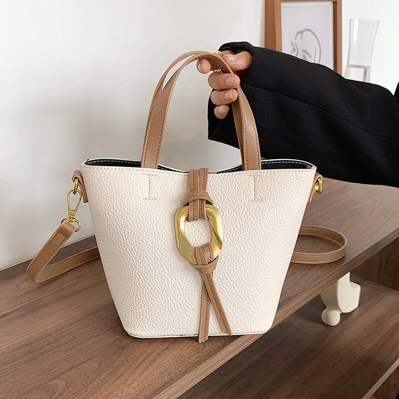 Lychee Pattern Bucket Bag For Women Vintage Fashion Messenger Shoulder Bags Spliced Color Luxury High-end Brand Design Handbags