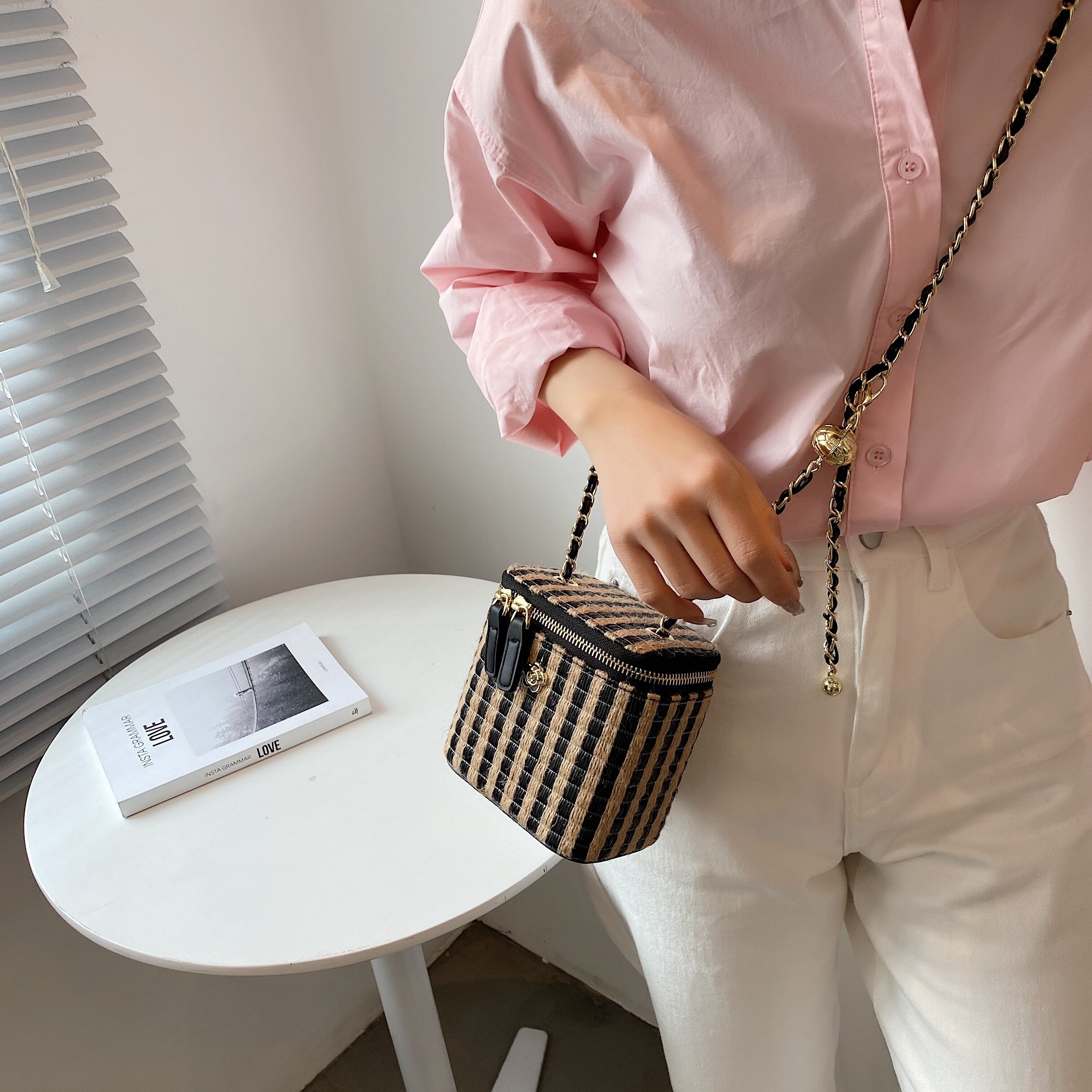 Square Stripe Woven Luxury Messenger Bag For Women Straw Fashion Handbags Bead Adjustable Shoulder Strap Box Bags Holiday Style