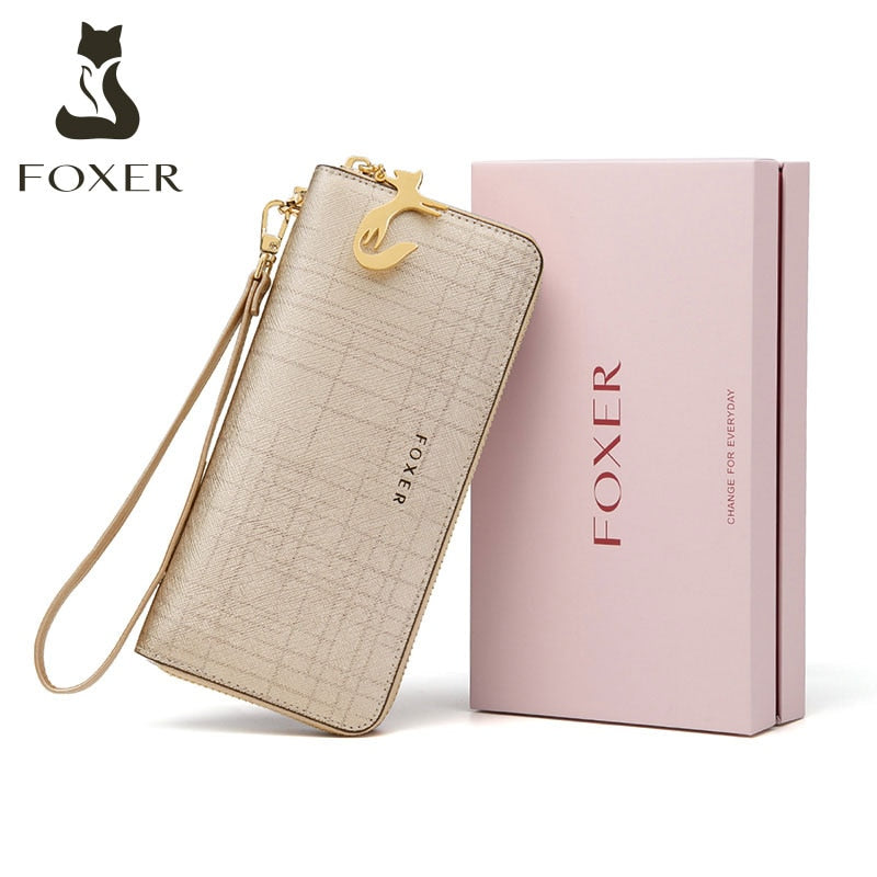 FOXER Women Cow Leather Long Wallet Valentine's Day Gift Fashion Lady Wristband Clutch Purse Cellphone bag Female Card Holder