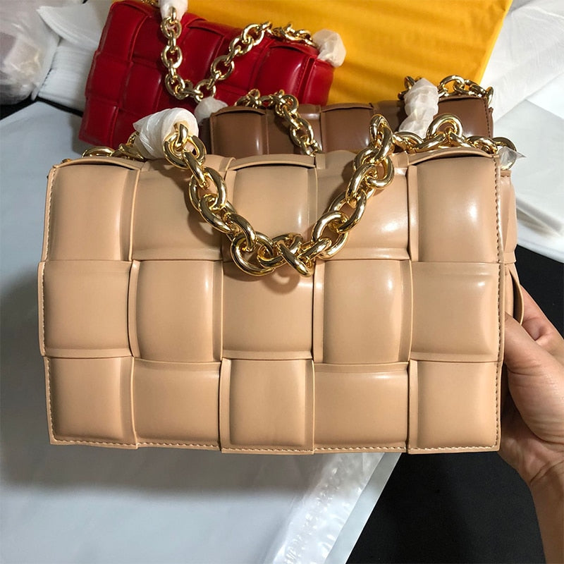 Golden Metal Chain PU Crossbody Messenger Bags Luxury Women Bags Designer Female Trend Plaid Shoulder Bag Lady Purse and Handbag