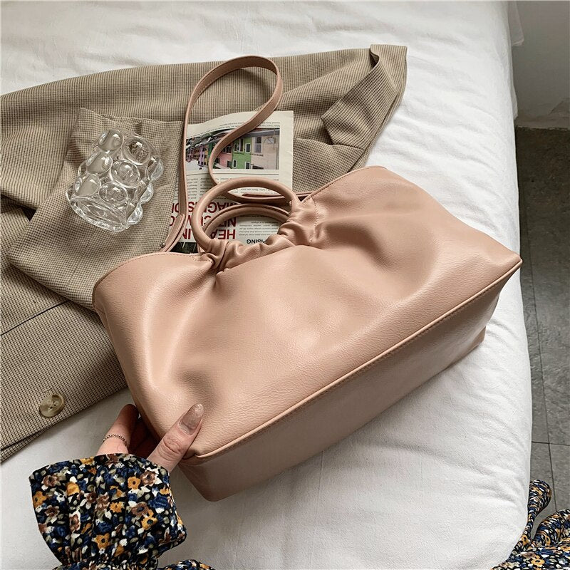 Christmas Gift Burminsa Large Soft Ruched Tote Bags For Women Ring Top Handle Work Female Shoulder Bags High Quality PU Ladies Handbags 2021
