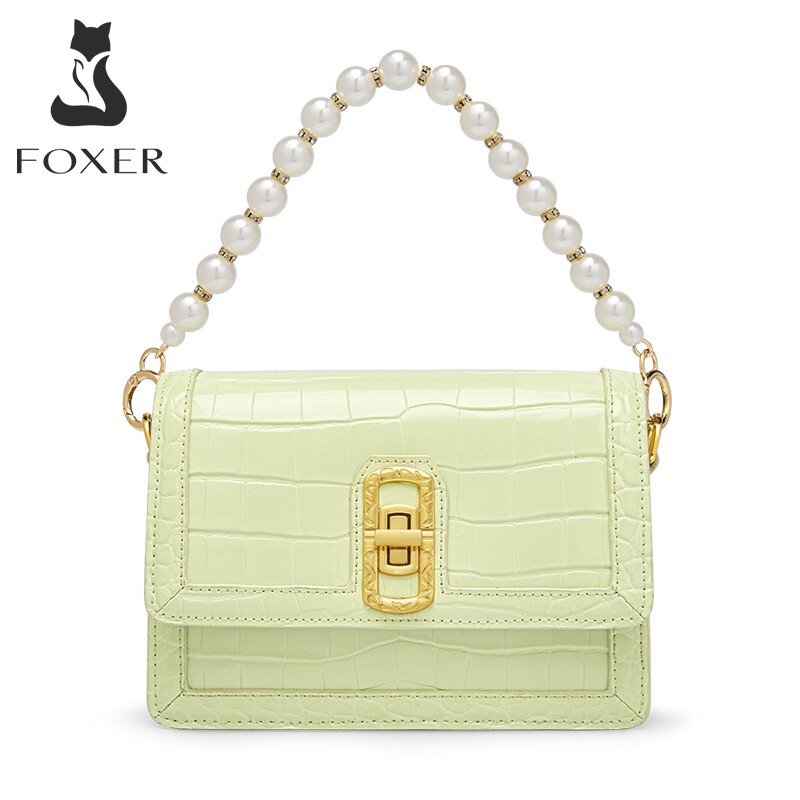 FOXER Ladies New Fashion Leather Crocodile Pattern Underarm Shoulder Bag Pearl Chain Handbag High Quality Messenger Bag Women