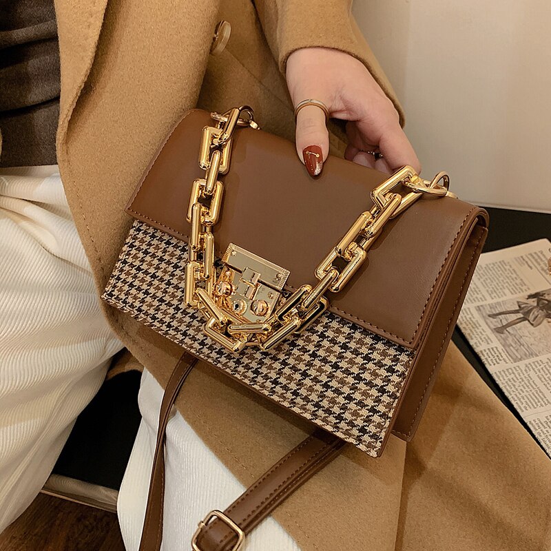 Houndstooth Thick Chain Square Tote Bag 2021 Fashion New High quality PU Leather Women Designer Handbag Shoulder Messenger Bag