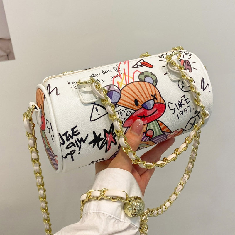 Christmas Gift Cartoons Graffiti Cylindrical Pu Leather Zipper Crossbody Bags For Women 2021 Fashion Chain Shoulder Handbags And Purses Lady