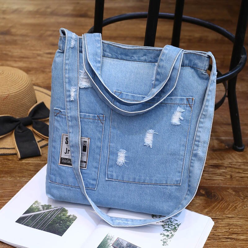 New Fashion Women Denim Shoulder Bag Cowgirl Handbag Female Shopping bag Lady Ripped Jeans Design School Books Bag Casual Totes