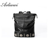 Arliwwi Brand Leisure Style Black Color Backpack Multi Functional Large Capacity Women Shoulder Bag With Flower Decoration G09