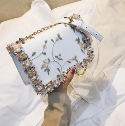 Christmas Gift Lace Flowers Women bag 2020 New handbag High quality PU Leather Sweet Girl Square bag Flower Pearl Chain Shoulder Messenger Bag