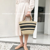 Vvsha fashion bamboo handle women handbags casual striped bucket bag large capacity rattan straw bags wicker summer beach travel purse