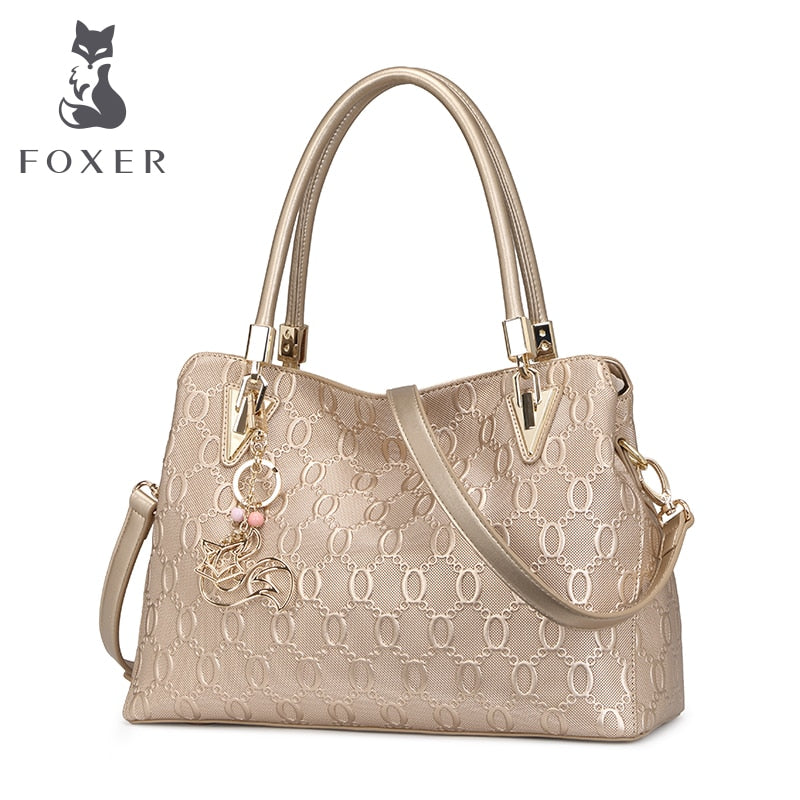 FOXER Occident Style Gold Totes Women's Cow Split Leather Handbag Fashion Lady Commute Purse Luxury Large Capacity Shoulder Bag