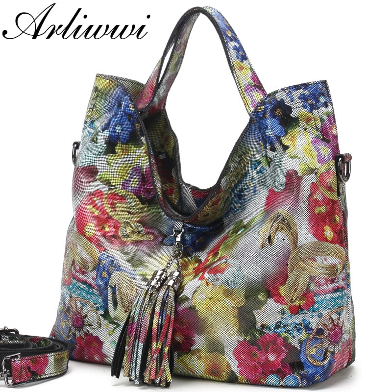 Arliwwi Brand Designer Floral Lady 100% Genuine Leather Tote Handbags New Luxury Real Leather Shiny Flower Bags For Summer GL16