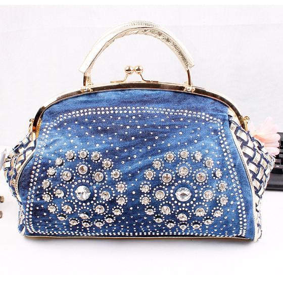 Christmas Gift 2017 fashion denim women handbags designer weaving tote bag crystal diamond decorative big bag