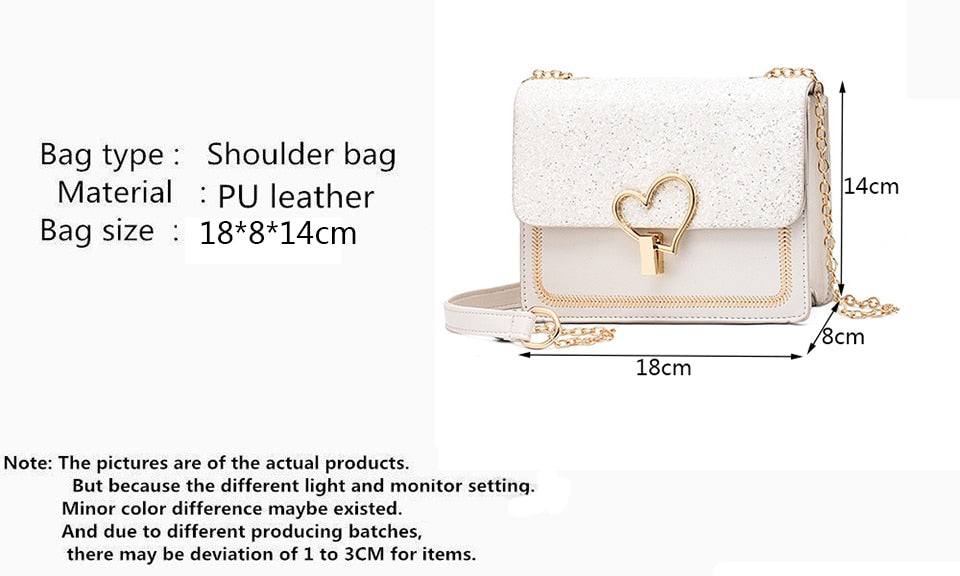 Vvsha Women Soft PU White Sequin Love Shape Lock Shoulder Bag 2022 New Fashion Girls Chain Solid Color Flap Bag