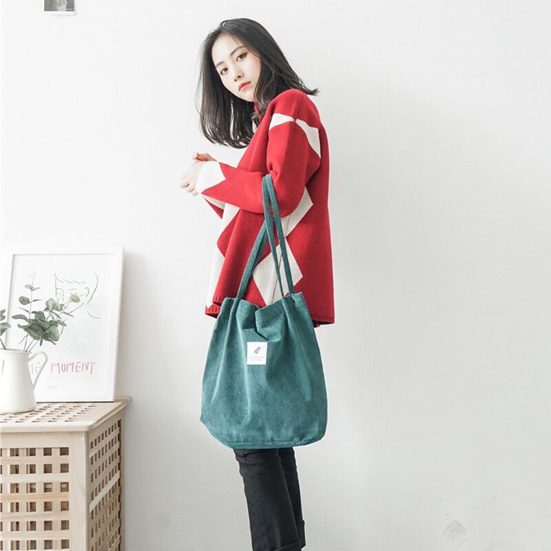 Christmas Gift Women Corduroy Canvas Shoulder Bags Female Eco Cloth Handbag Tote Grocery Reusable Foldable Shopping Bag Cotton Lining Pouch