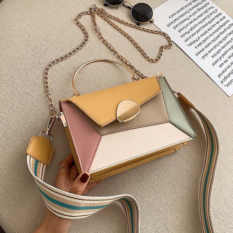 Christmas Gift Contrast Color PU Leather Crossbody Bags For Women 2020 Chain Handbags With Metal Handle Shoulder Simple Bag Small Totes