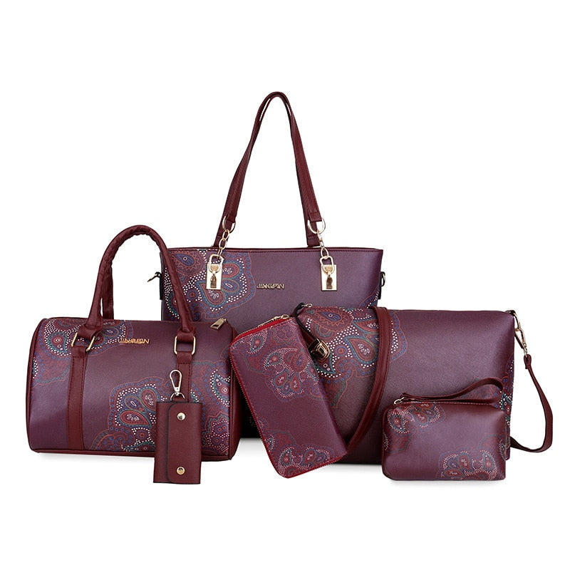 Vvsha Luxury Women PU Leather Handbags Women Printed Bags Designer 6 Pieces Set Shoulder Crossbody Bags For Women Big Tote
