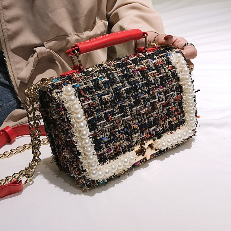 Christmas Gift 2021 Fashion New Female Square Tote bag Quality Woolen Pearl Women's Designer Handbag Ladies Chain Shoulder Crossbody Bag Travel