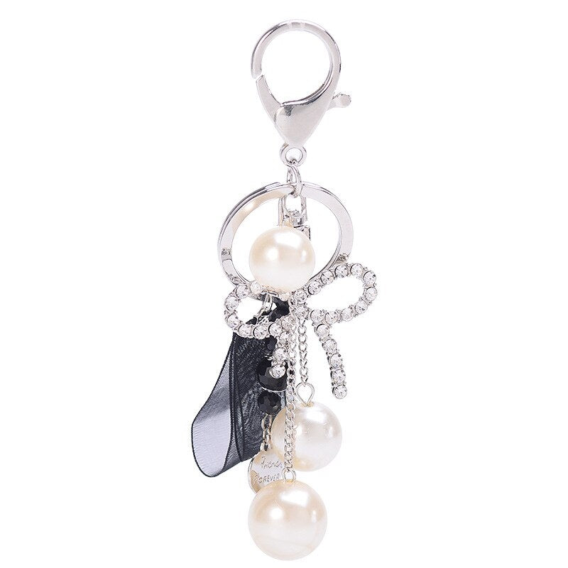 High Quality Simulated Pearl Beads Rhinestone Bowknot Keychain Alloy Key Chain Gift For Women Girl Car Bag Accessories Key Ring