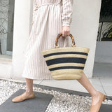 Vvsha fashion bamboo handle women handbags casual striped bucket bag large capacity rattan straw bags wicker summer beach travel purse