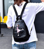 Embroidery Flowers Women Backpack Small Soft Pu Leather Backpacks For Girls Teenagers Female Shoulder Bag Chest Pack Black bolsa