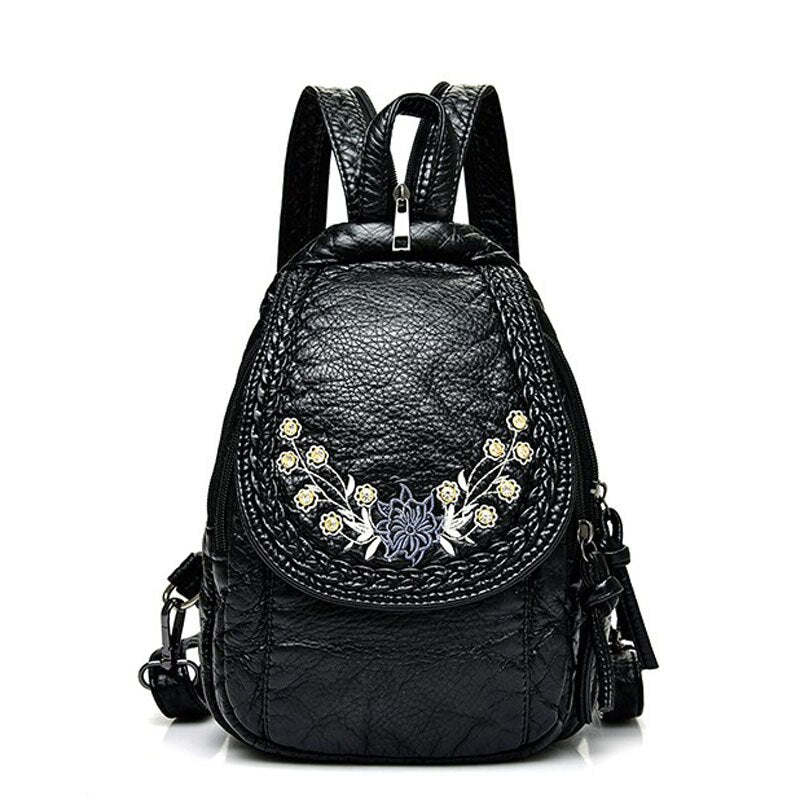 Embroidery Flowers Women Backpack Small Soft Pu Leather Backpacks For Girls Teenagers Female Shoulder Bag Chest Pack Black bolsa
