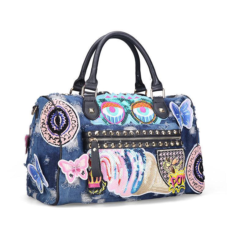 Christmas Gift Rock Style Fashion Totes Women Denim Handbags Casual Shoulder Bags Vintage Demin Blue Top Handle Bags Bolsa Large Travel Bags