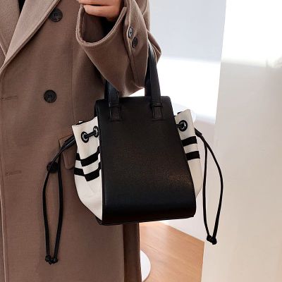 Casual Canvas Bucket Bag for Women Designer Drawstring Handbags Luxury Pu Leather Patchwork Shoulder Crossbody Bags Large Tote
