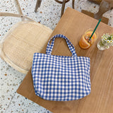 Vvsha Portable Cotton Women Lunch Bento Bag Vintage Plaid Canvas Ladies Small Handbags Simple Female Cloth Mini Tote Bag Clutch Purse