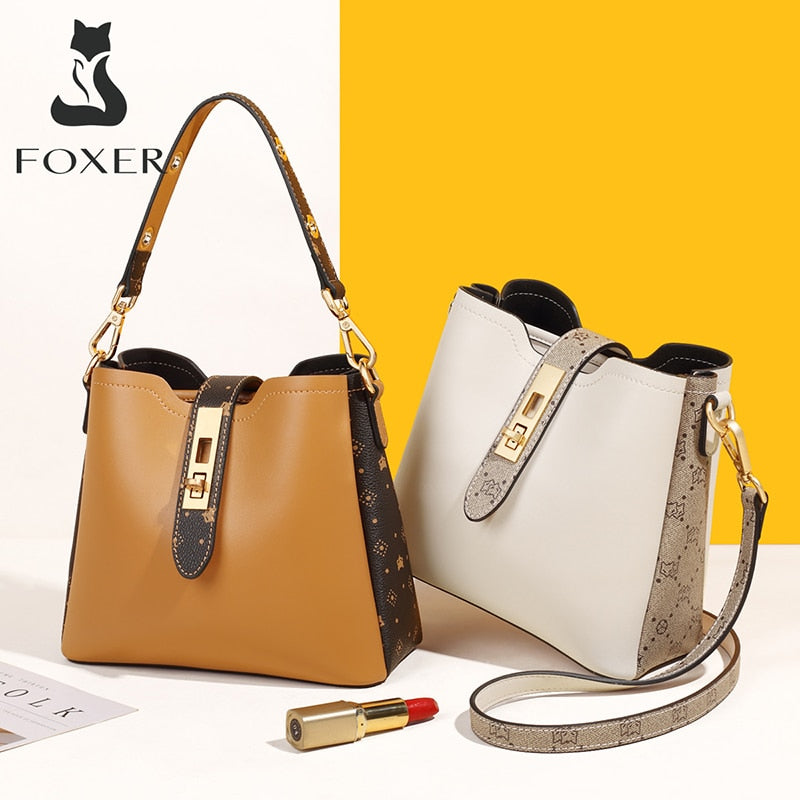 FOXER Fashion Ladies Shoulder Bags PVC Leather Women Commute Bucket Bags Vintage Monogram Tote Bags Top Handle Bag for Female