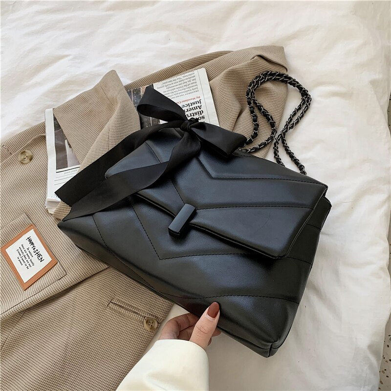 Vvsha Vintage Large Tote bag 2022 Fashion New High quality PU Leather Women's Designer Handbag Ribbon Chain Shoulder Messenger Bag