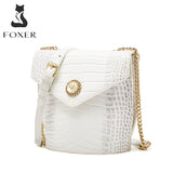 FOXER Classic Fashion Ladies Shoulder Bag Split Leather Casual Bucket Bag Crocodile Pattern Summer Simple Messenger Bag Women