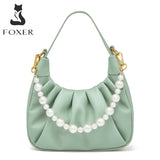 FOXER 2021 New Fashion Ladies Underarm Shoulder Bag Unique Design Pearl Chain Handbag High Quality Leather Messenger Bag Women