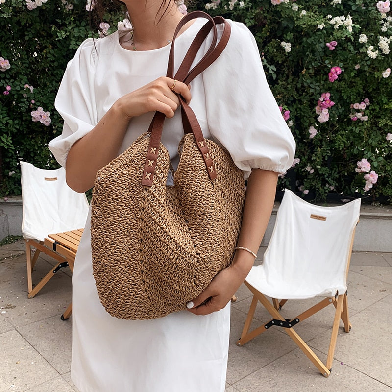 Christmas Gift Hand-woven Women's Shoulder Handbag Bohemian 2021 Summer Straw Beach Tote  Bag Travel Shopper Weaving Shopping Bags